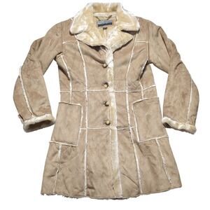 Big Chill Faux Suede Penny Lane Coat Tan Faux Fur Trim Boho Jacket Womens Small